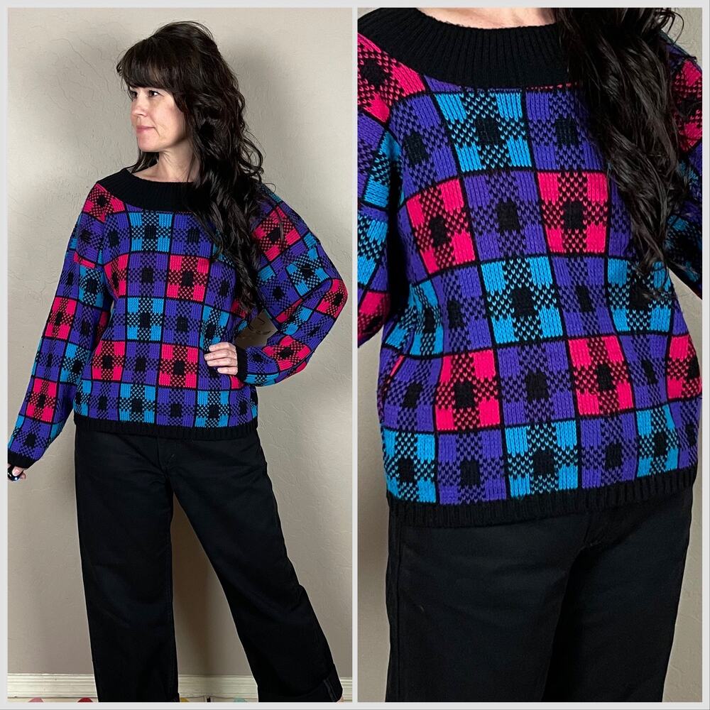 Vintage 1980s Hot Pink and Purple Plaid Cropped Pullover Sweater